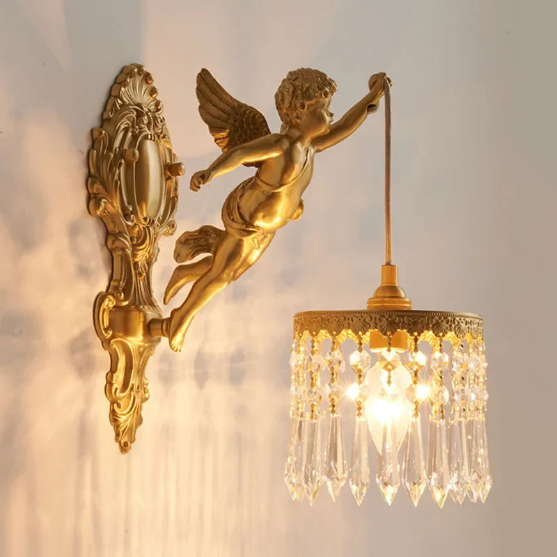 Vintage Style Bedroom Bedside Crystal Copper Angel Wall Lamp Retro Living Room Corridor Balcony Restaurant Lighting