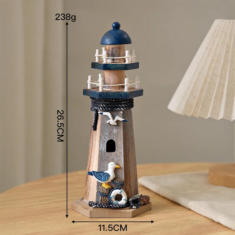 Wooden Double Layered Lighthouse Figurine, Observation Tower Nautical Themed Mediterranean Style Rooms Home Tabletop Decor Gifts