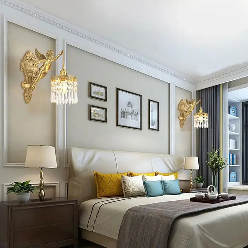 Vintage Style Bedroom Bedside Crystal Copper Angel Wall Lamp Retro Living Room Corridor Balcony Restaurant Lighting