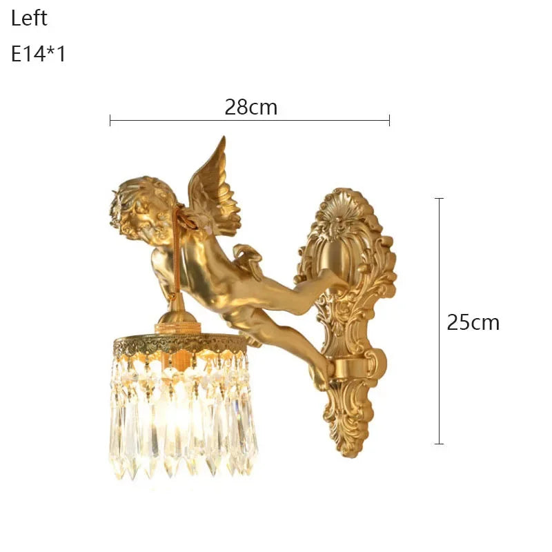 Vintage Style Bedroom Bedside Crystal Copper Angel Wall Lamp Retro Living Room Corridor Balcony Restaurant Lighting