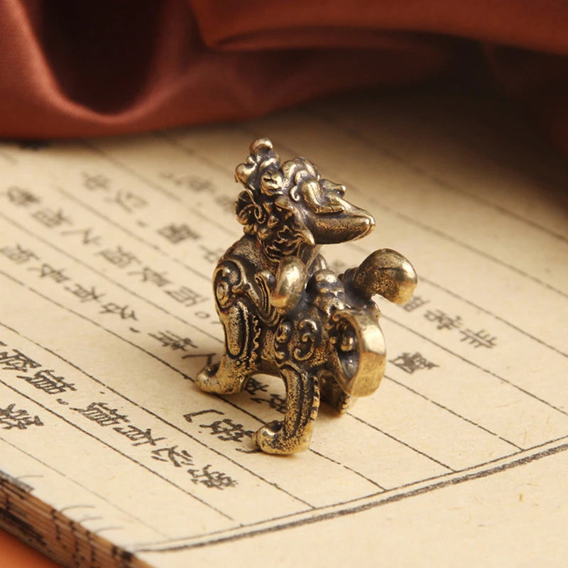 Brass Kirin Chinese Mythical Animal Dragon Statue Figures Antique Miniature Ornaments Feng Shui Home Decor Gifts