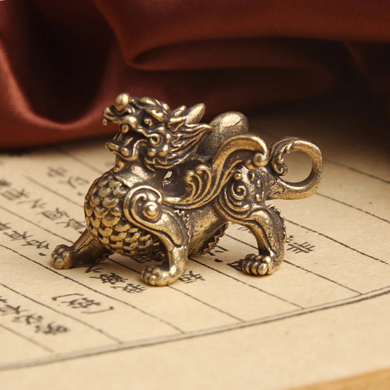 Brass Kirin Chinese Mythical Animal Dragon Statue Figures Antique Miniature Ornaments Feng Shui Home Decor Gifts