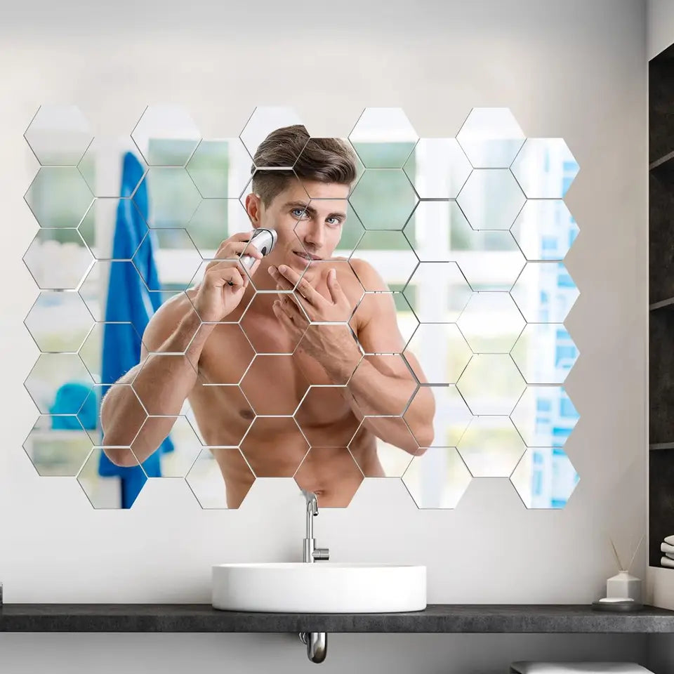 24PCS Hexagon Mirror Wall Sticker Removable Acrylic Mirror Wall Sticker Decal for Living Room Bedroom Home Decor