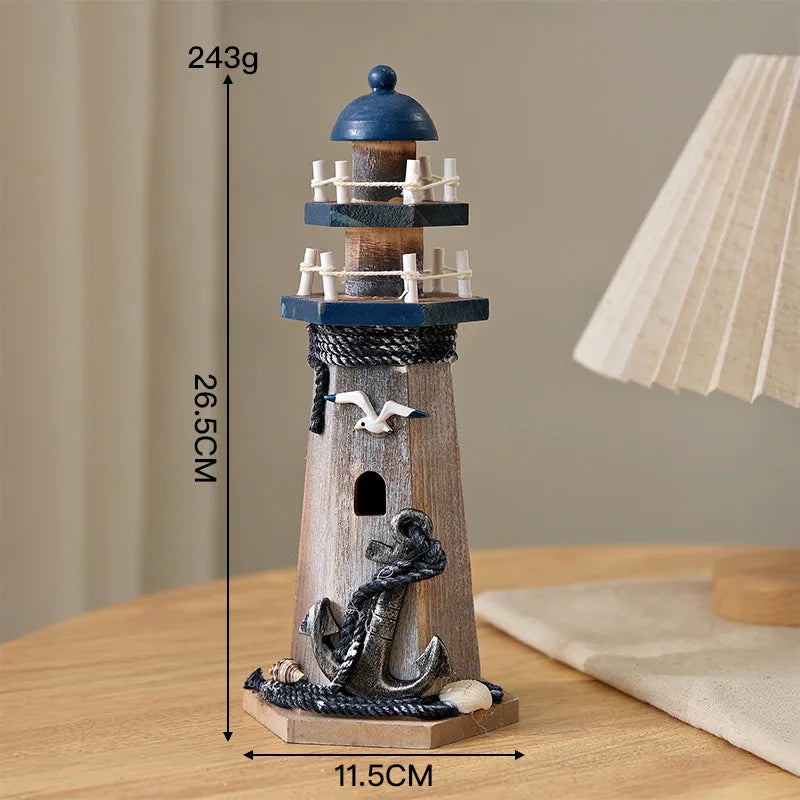 Wooden Double Layered Lighthouse Figurine, Observation Tower Nautical Themed Mediterranean Style Rooms Home Tabletop Decor Gifts