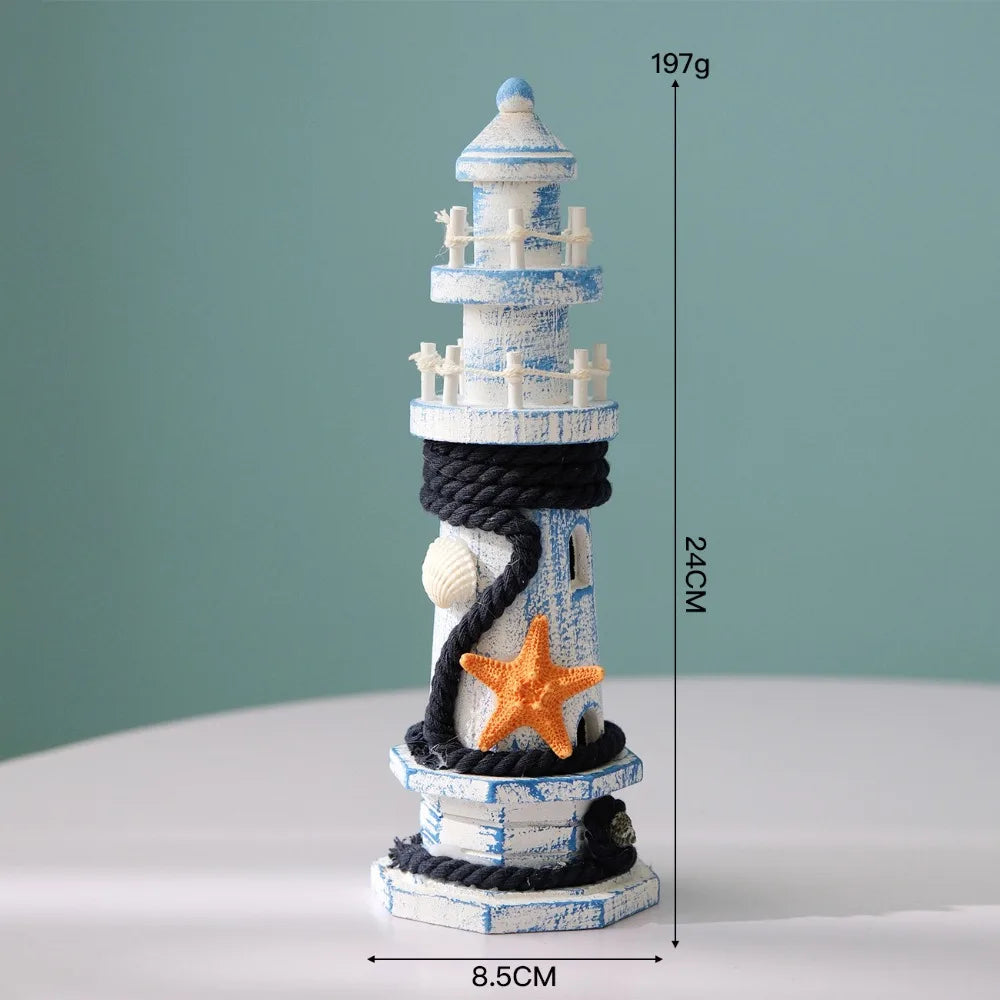 Wooden Double Layered Lighthouse Figurine, Observation Tower Nautical Themed Mediterranean Style Rooms Home Tabletop Decor Gifts