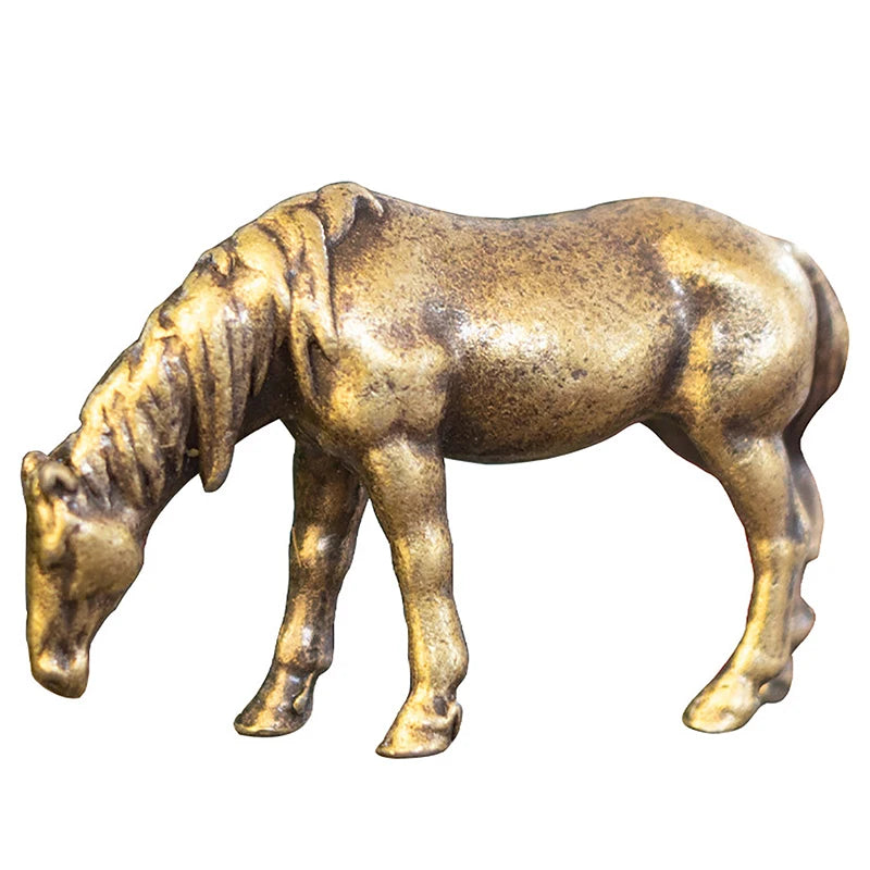 1PC Antique Brass Solid Long Tail Horse Figurine Miniature Feng Shui Ornament Copper Zodiac Animal Mini Desktop Decoration Craft