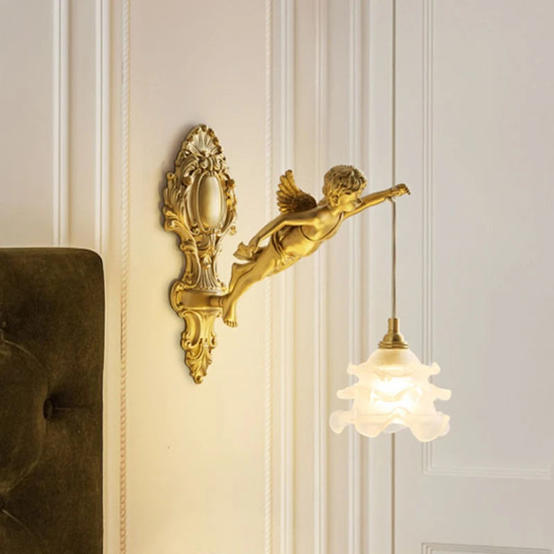 Vintage Style Bedroom Bedside Crystal Copper Angel Wall Lamp Retro Living Room Corridor Balcony Restaurant Lighting