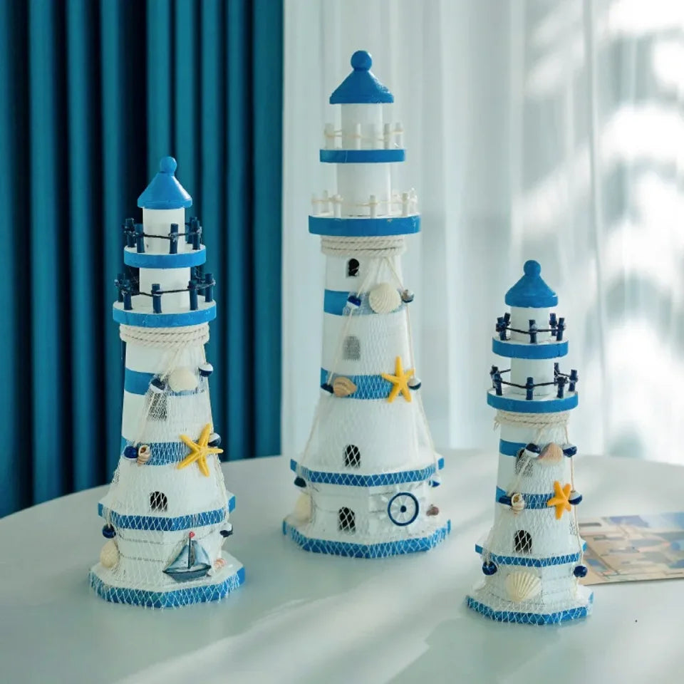 Wooden Double Layered Lighthouse Figurine, Observation Tower Nautical Themed Mediterranean Style Rooms Home Tabletop Decor Gifts