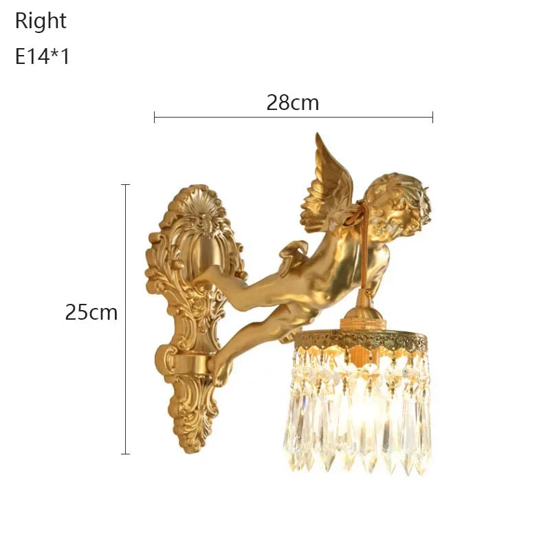 Vintage Style Bedroom Bedside Crystal Copper Angel Wall Lamp Retro Living Room Corridor Balcony Restaurant Lighting