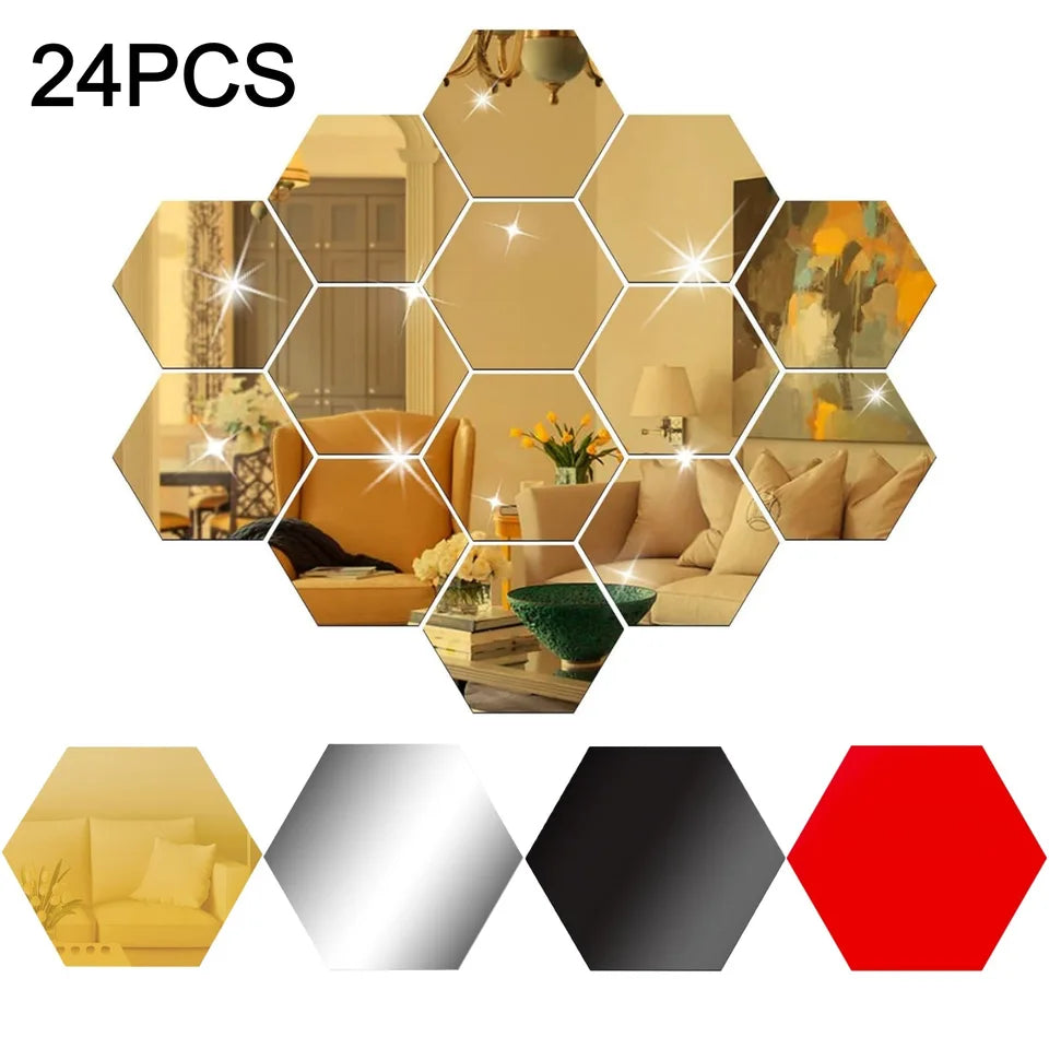 24PCS Hexagon Mirror Wall Sticker Removable Acrylic Mirror Wall Sticker Decal for Living Room Bedroom Home Decor