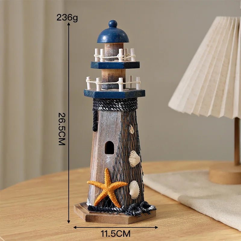 Wooden Double Layered Lighthouse Figurine, Observation Tower Nautical Themed Mediterranean Style Rooms Home Tabletop Decor Gifts