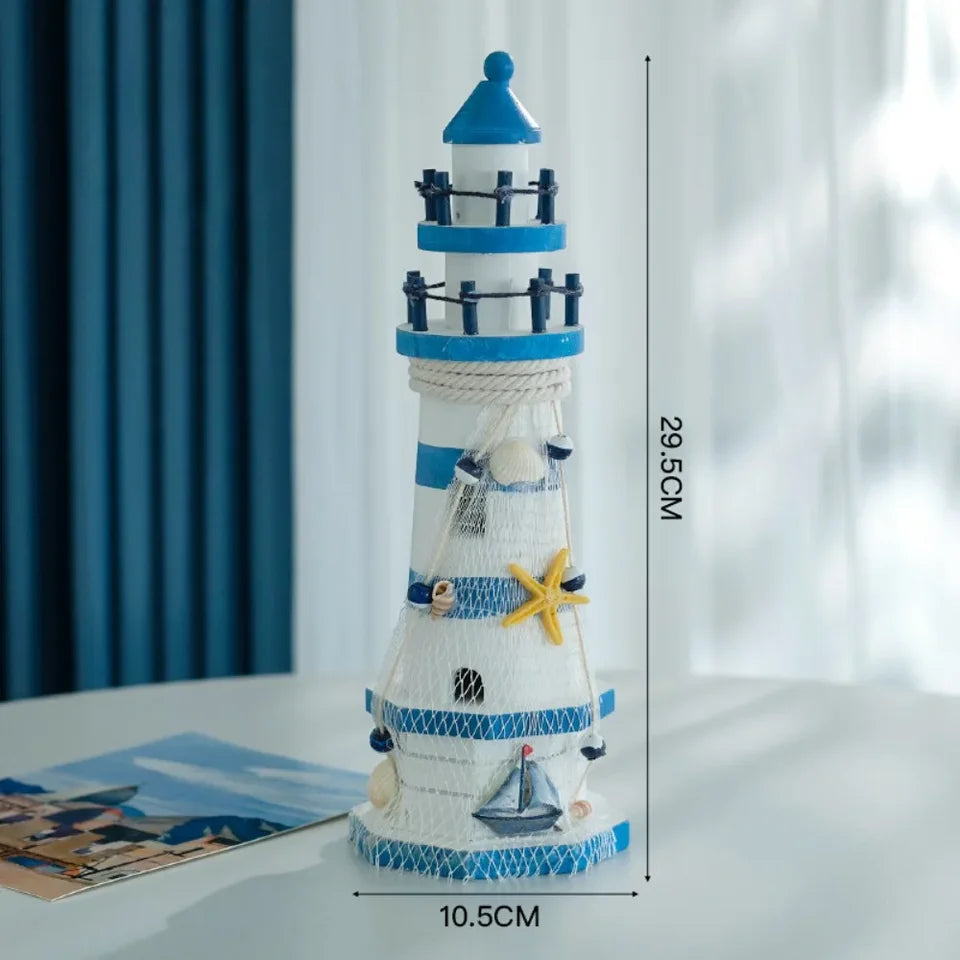 Wooden Double Layered Lighthouse Figurine, Observation Tower Nautical Themed Mediterranean Style Rooms Home Tabletop Decor Gifts