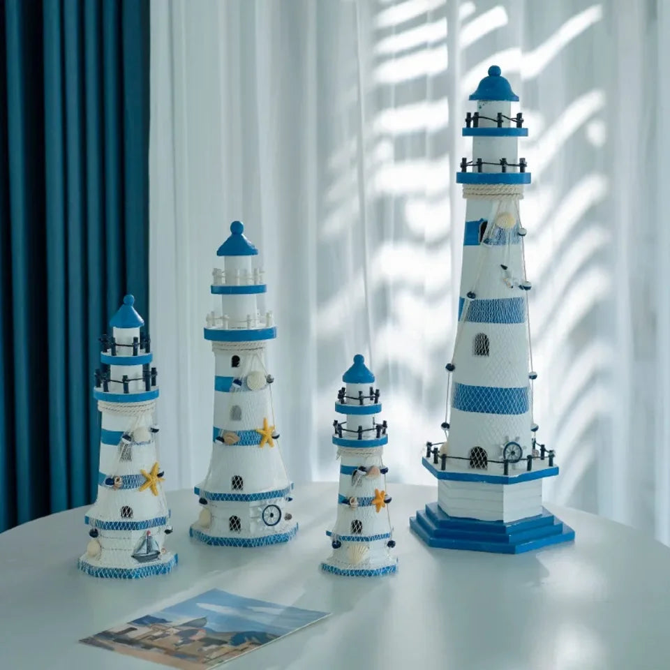 Wooden Double Layered Lighthouse Figurine, Observation Tower Nautical Themed Mediterranean Style Rooms Home Tabletop Decor Gifts