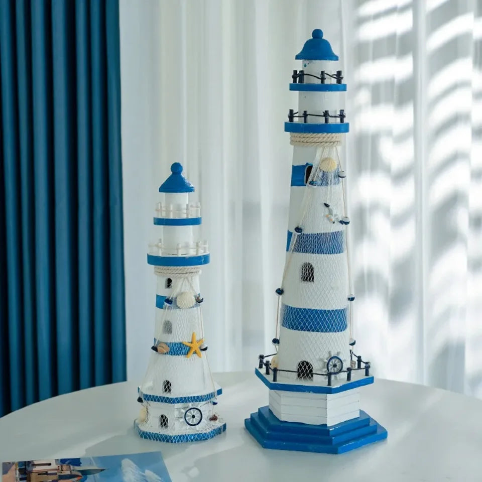 Wooden Double Layered Lighthouse Figurine, Observation Tower Nautical Themed Mediterranean Style Rooms Home Tabletop Decor Gifts