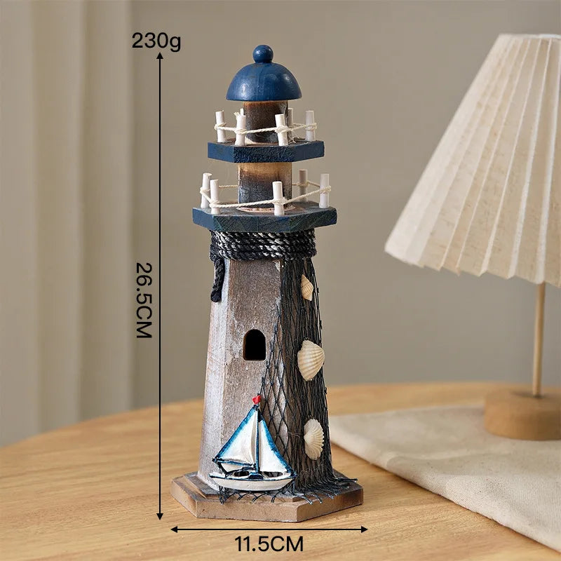 Wooden Double Layered Lighthouse Figurine, Observation Tower Nautical Themed Mediterranean Style Rooms Home Tabletop Decor Gifts